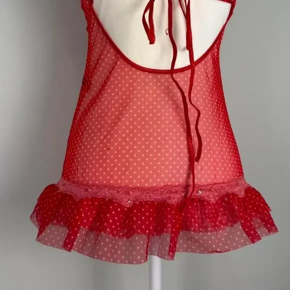 Red polka dot lace babydoll teddy mini slip dress bow lingerie - Leg Avenue - Picture 7 of 8